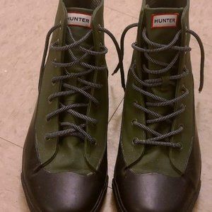 HUNTER GREEN CANVAS & BLACK LEATHER TOE MEN'S RAIN BOOTS/SIZE 12/EXCELLENT COND.